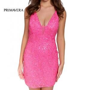 NEW PRIMAVERA v-neck crisscross back cocktail dress in neon pink